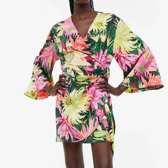 H&M | Dresses | Hm Floral Satin Wrap Front Dress | Poshmark